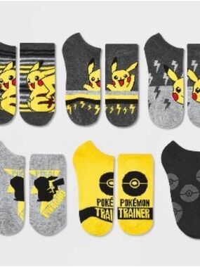Pokemon No-Show Sock 6 Pack with Pikachu & Trainer Graphics -Yellow, Gray, Black